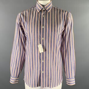 BRIONI Size L Blue Orange White Stripe Linen Long Sleeve Shirt